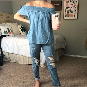 Off the shoulder denim shirt!